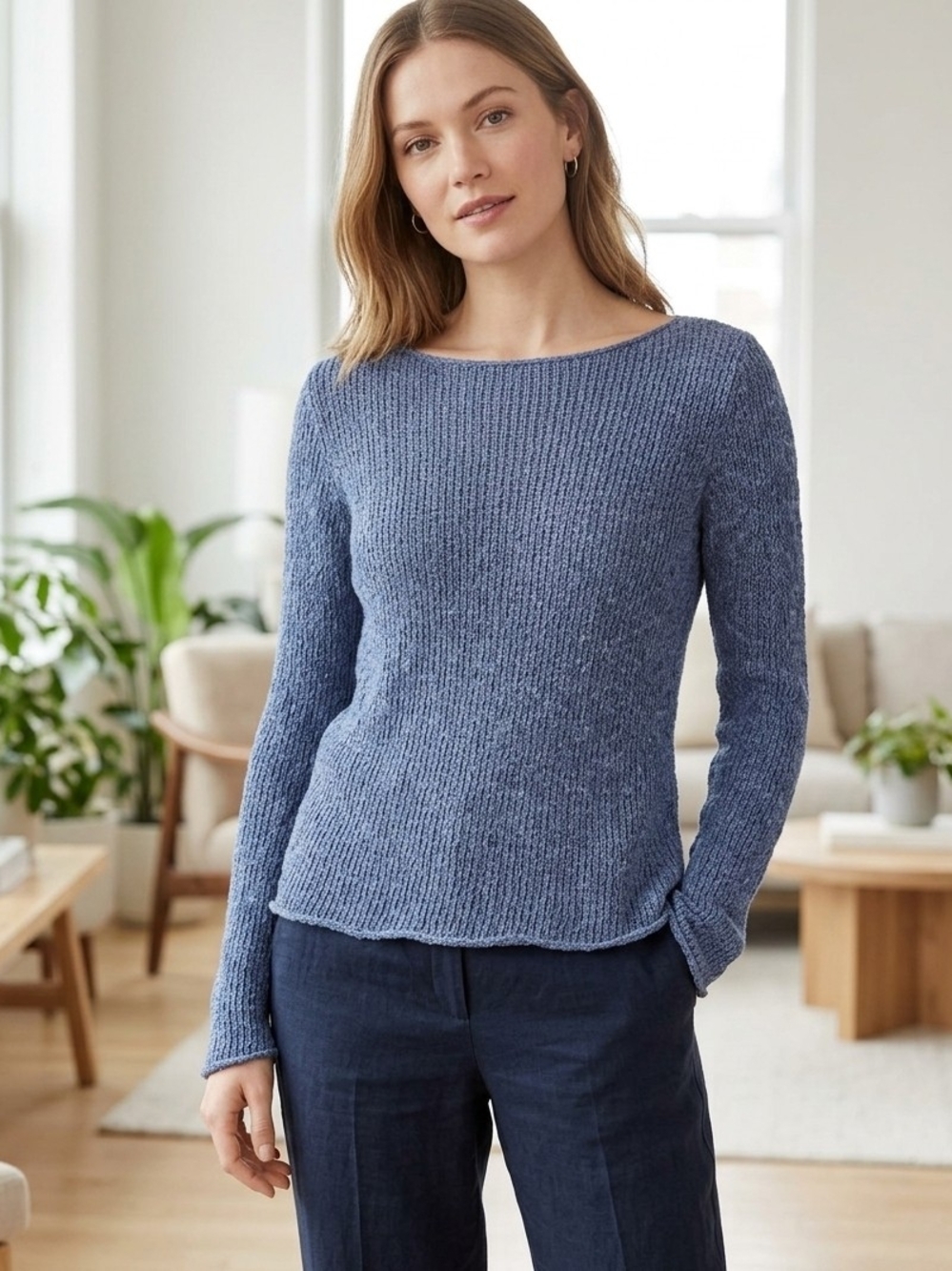 Sz S Eileen Fisher Heathered Blue Linen Blend Sweater Coastal Quiet Luxury